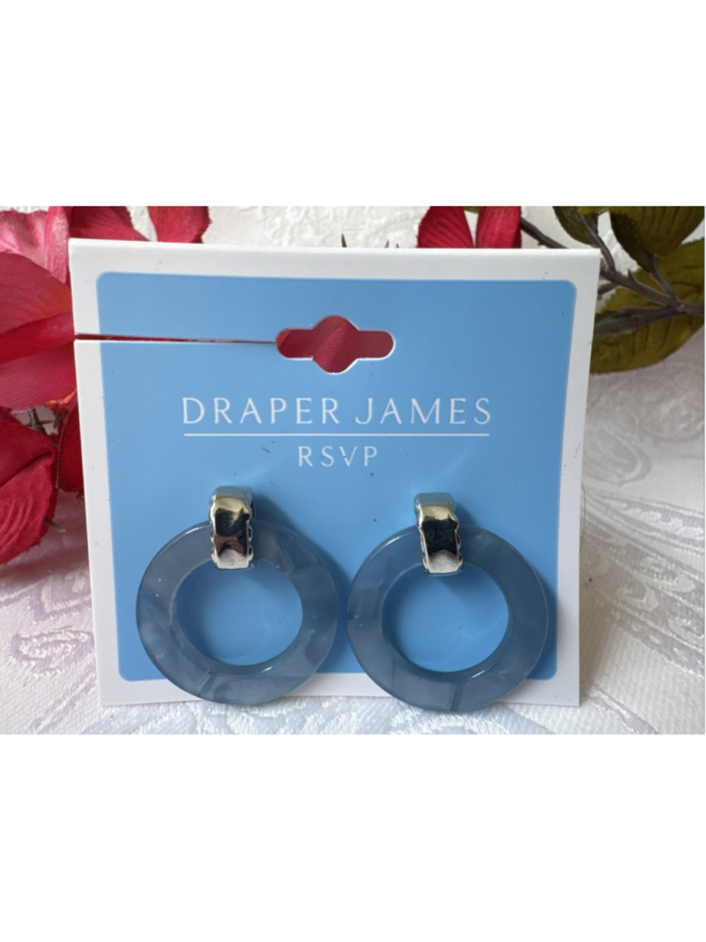 Draper James RVSP Dainty Circles Dangle 1.1" Earrings Blue SilverTone NEW